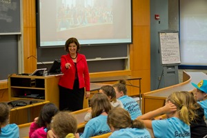 WPI President Laurie Leshin talks with girls from Camp Reach about NASA’s Curiosity Mars rover, prior to a video conference with women engineers from NASA who spoke about their experiences working with Curiosity.