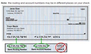 Photo of a check, with arrows showing where the routing number is