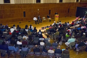 Nearly 200 students, faculty, and staff gathered in Alden Memorial for a discussion on race, diversity, and inclusion.
