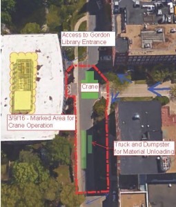 Location of a crane and dumpster that will be placed at the front of Gordon Library this week.