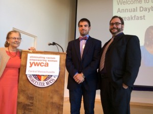 Linda Cavaioli, executive director of YWCA of Central Massachusetts, with Great Guys Award recipients Zachary Gendreau and Matthew Barry.