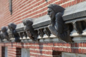 Most of the grotesques are caricatures of athletes playing a sport WPI offered when the building was constructed in 1916.