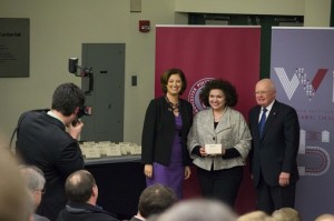 Professor Sharon Wulf, between President Leshin and board chairman Phil Ryan, received the Board of Trustees’ Award for Excellence in Teaching.