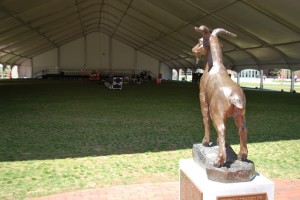 The statue of Gompei surveys an empty tent being readied for three days of ceremonies.