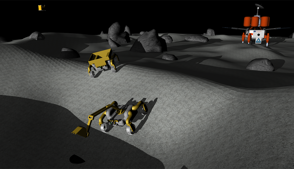 The excavator robot (foreground) prepares to place a lunar sample in the hauler robot to transport to the processing plant (orange). 