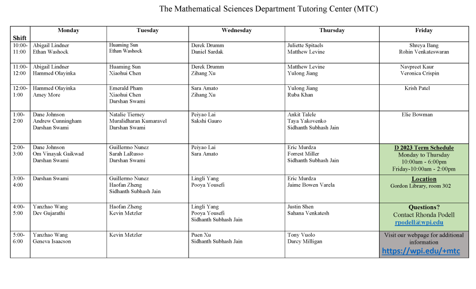 Full Math Tutoring Center Schedule D term 2023
