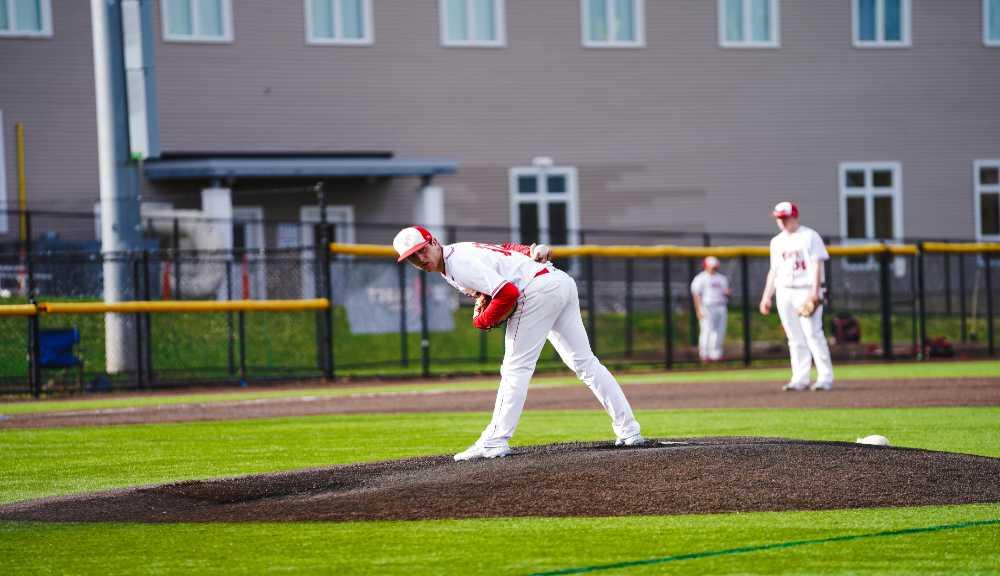 A pitcher on the WPI baseball teams prepares to pitch.
