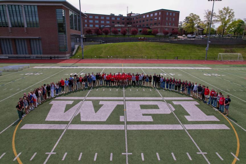 WPI's senior athletes gathered for a group photo on Alumni Field.