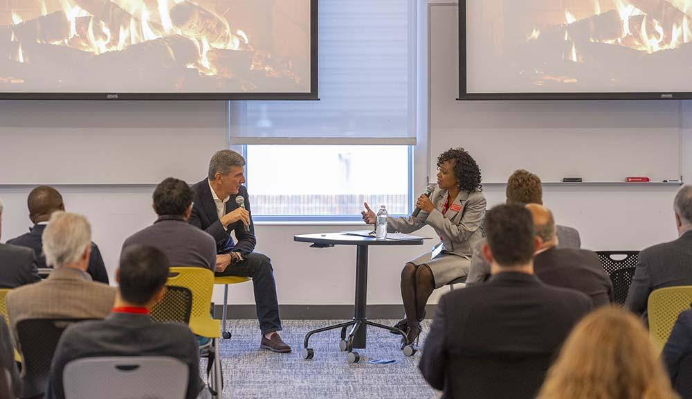 Dean of The Business School Debora Jackson leads a fireside chat during a FinTech conference on campus.