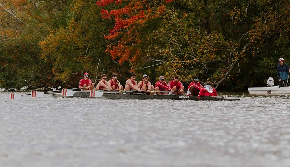 Members of the men's rowing team practice on Lake Quinsigamond.