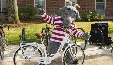 Gompei the Goat poses behind a white bike with "Gompei's Gears" written on it in red lettering.