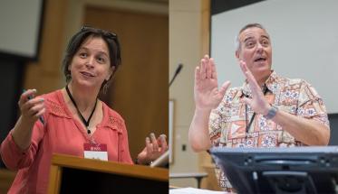 Two photos of Rick Vaz and Paula Quinn are side by side, each in the middle of discussing project-based learning.