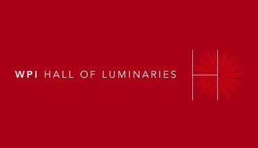 "WPI Hall of Luminaries" is written in white on a red background, with an "H" and small burst of fireworks at the end.