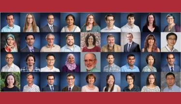 A composite image showing 36 of the 38 new full-time faculty members in a grid nine images wide by four images tall