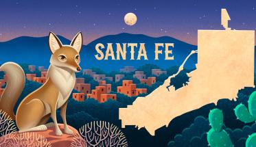 Santa Fe New Mexico illustration with Coyote in fore ground and state outline on right.