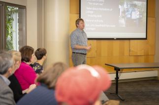 Guest Speaker Colby King talks with faculty and staff about supporting first-generation working class students.