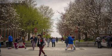 students walking on campus by an open plaza in the spring