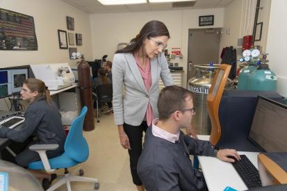 WPI professor Danielle Cote (center) leads a WPI research team that will study cold spray 3D printing techniques.