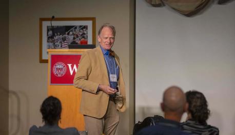Livingston Taylor speaks with the audience at ASEE following his performance in the Rubin Campus Center Odeum.
