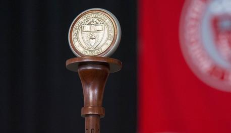 The WPI mace, a 42-inch staff of cherrywood topped with a large silver medal, standing on edge, that bears the WPI seal on each side.