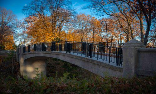 campus bridge with orange toned fall leaves 