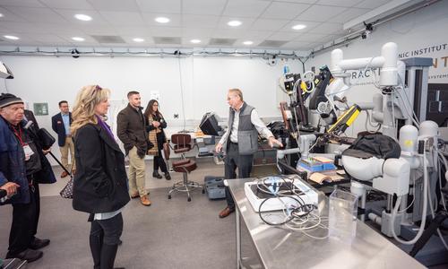On the day of WPI President Grace Wang's Inauguration, a campus tour group visits the cutting-edge Practice Point lab facility. 