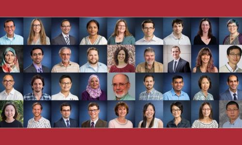 A composite image showing 36 of the 38 new full-time faculty members in a grid nine images wide by four images tall