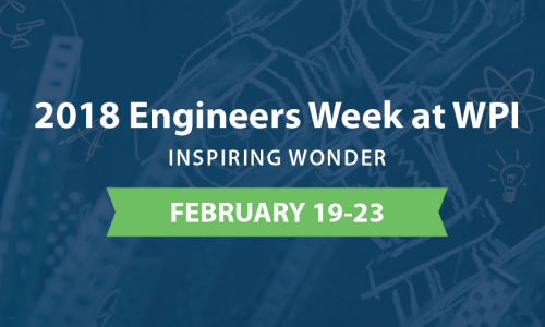 A graphic with a blue background that says "2018 Engineers Week at WPI: Inspiring Wonder: February 19-23"