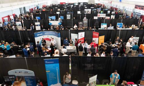 An aerial view of the spring career fair held in the Sports & Recreation Center.