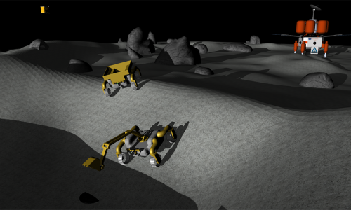 The excavator robot (foreground) prepares to place a lunar sample in the hauler robot to transport to the processing plant (orange).  alt