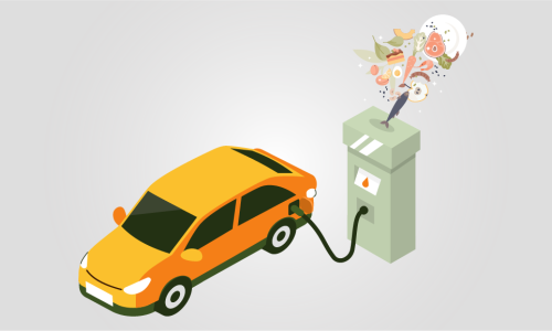 Illustration of food waste being turned into fuel for car
